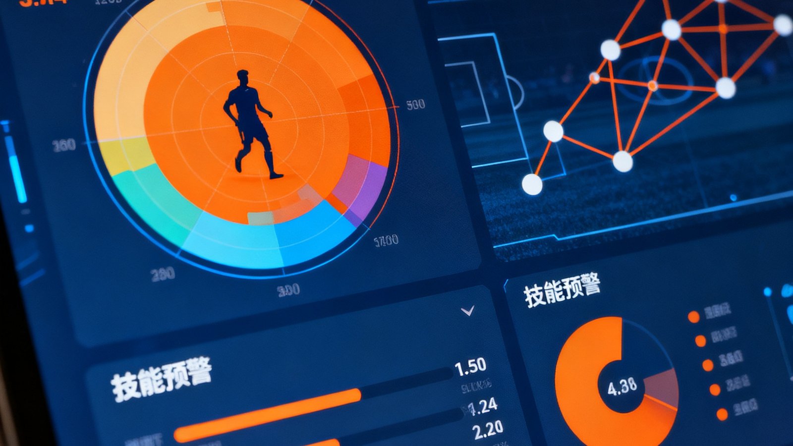 CMP冠军AI球员评估数据平台的操作界面特写，显示球员速度热图、传球网络分析和体能预警指标